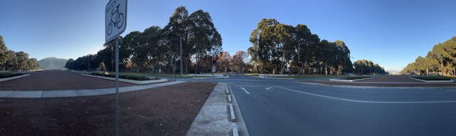 A panorama. You really can't make much out: to the left/north is the Australian War Memorial, then we pan over Anzac Parade and to the right/south you can see over Lake Burley Griffin to Parliament House.