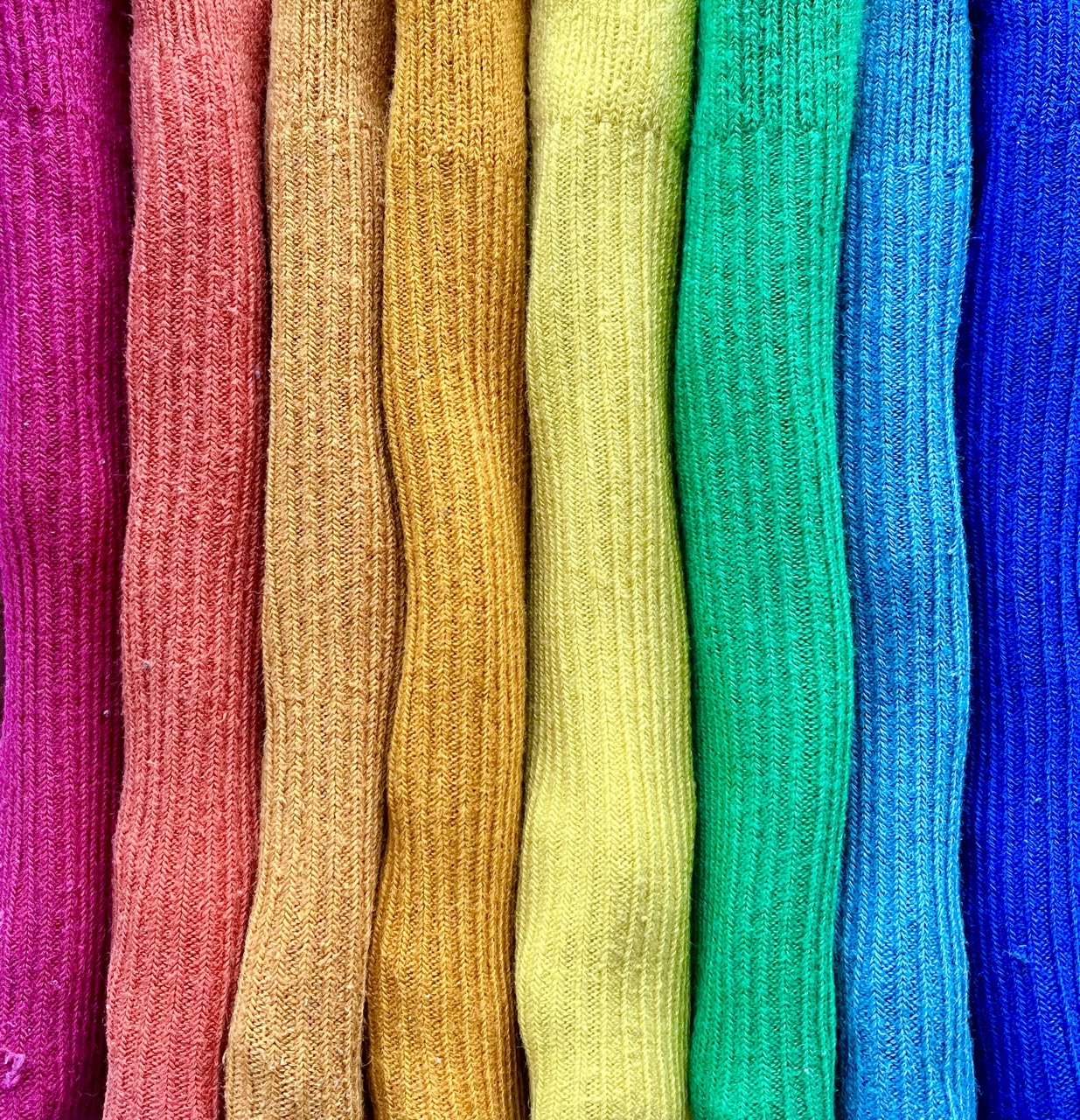 A photograph of my socks. They're beautifully folded, and arranged in a colour spread like the rainbow. The photo is cropped to a square so it looks kinda abstract.