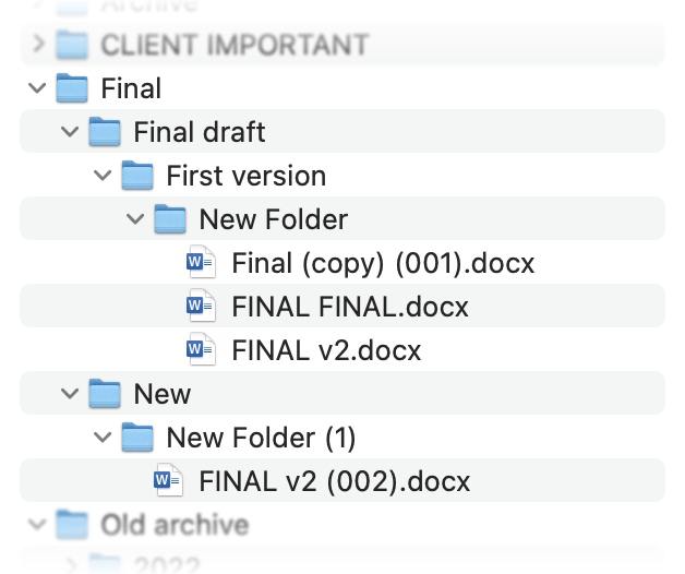 A screenshot of a MacOS Finder window showing a bunch of folders, nested terribly, all named similarly. It's a confusing mess.