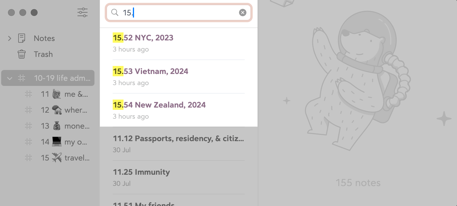 A screenshot of Bear. We're using its search feature with the search term '15.5' to show only those notes whose title contains that text.