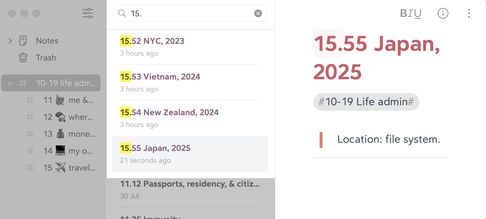 A screenshot of Bear. Now we've added a new note, '15.55 Japan, 2025'.